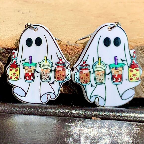 Jewelry - Spooky Vibes Halloween Ghost Coffee Latte Boba Milkshake Lover Resin Earrings